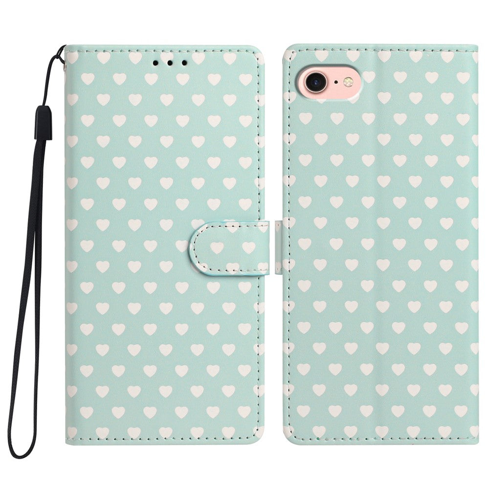 For iPhone 17th / 16th Case Heart Pattern PU Leather Flip Wallet Stand Phone Cover with Wrist Strap