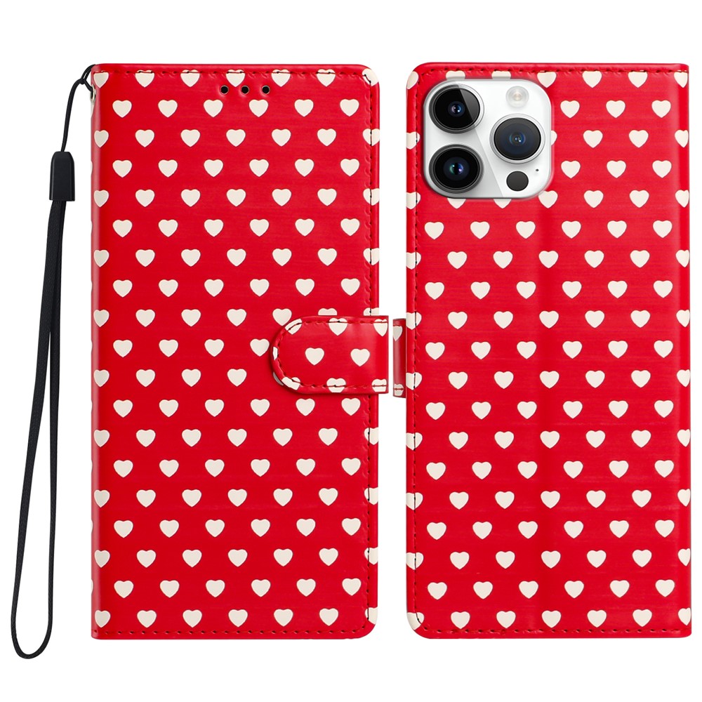 Til iPhone 16 Pro Max Etui Hjerte Mønster PU Læder Flip Wallet Stand Telefoncover med Håndrem