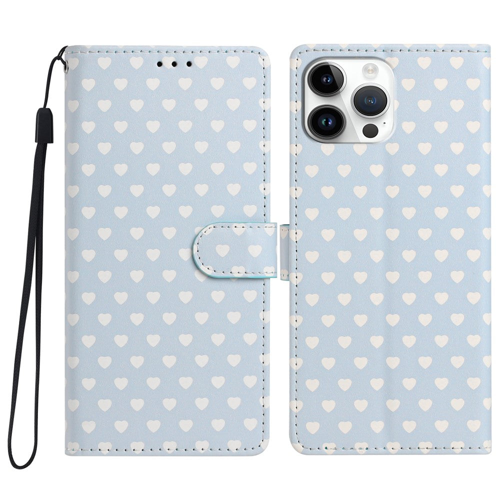 Til iPhone 16 Pro Max Etui Hjerte Mønster PU Læder Flip Wallet Stand Telefoncover med Håndrem