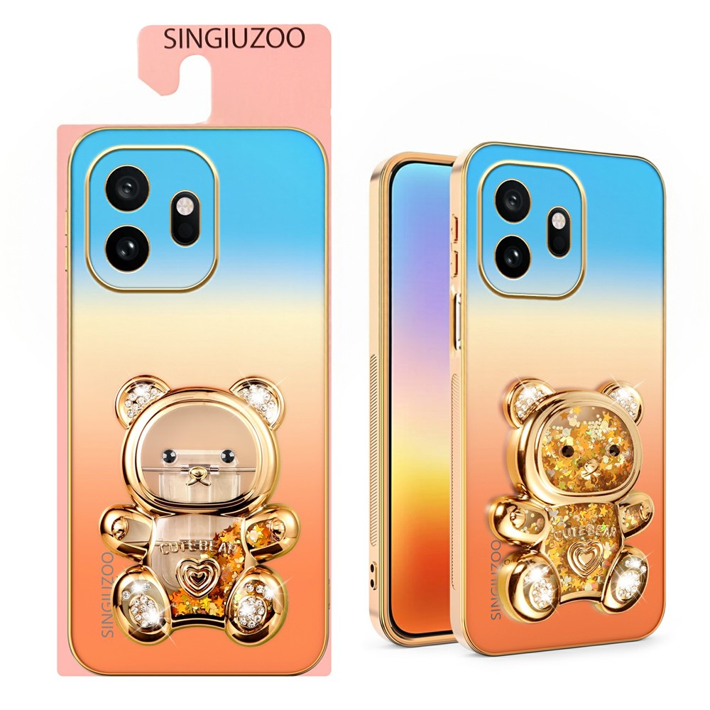 SINGIUZOO For OnePlus 15T 5G Case Glitter Bear Kickstand Electroplated Gradient Color PC + TPU Phone Cover