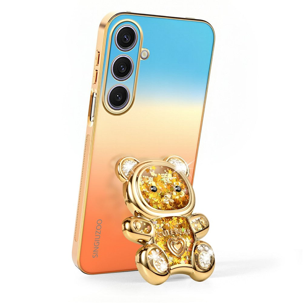 SINGIUZOO For Samsung Galaxy S25+ Case Glitter Bear Kickstand Electroplated Gradient Color PC + TPU Phone Cover
