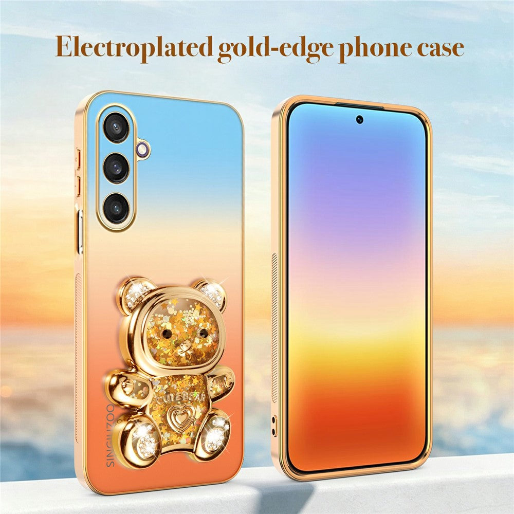SINGIUZOO Til Samsung Galaxy S25 Cover Glitter Bjørn Kickstand Elektrobelagt Gradient Farve PC + TPU Telefoncover