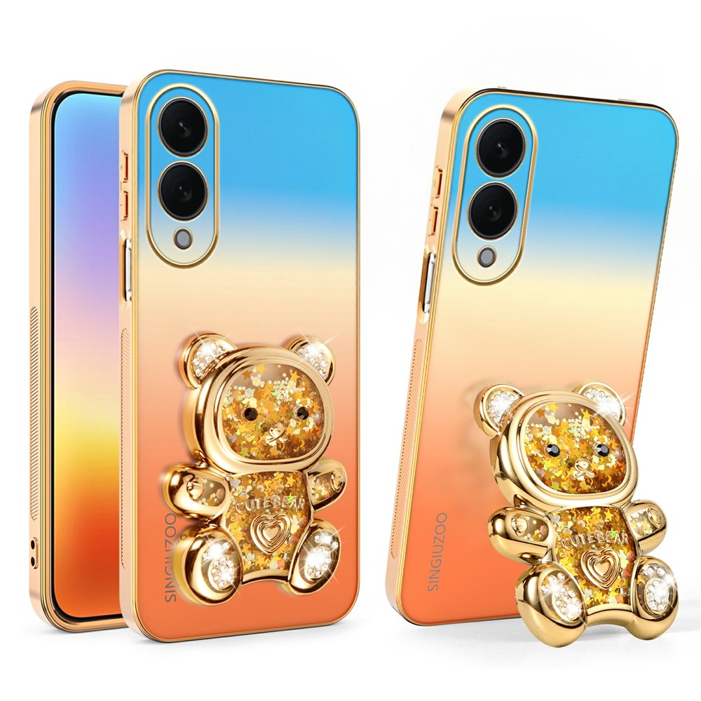 SINGIUZOO For Samsung Galaxy S25 Edge Case Glitter Bear Kickstand Electroplated Gradient Color PC + TPU Phone Cover