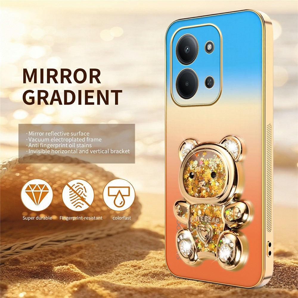 SINGIUZOO-cover til Xiaomi Redmi 15C 5G (EU) (173 mm) / 15C 4G (EU) (173 mm), glitterbjørn, stativ, galvaniseret gradientfarve, PC + TPU-mobilcover