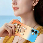 SINGIUZOO for iPhone 16 Case Glitter Bear Kickstand Electroplated Gradient Color PC + TPU Phone Cover