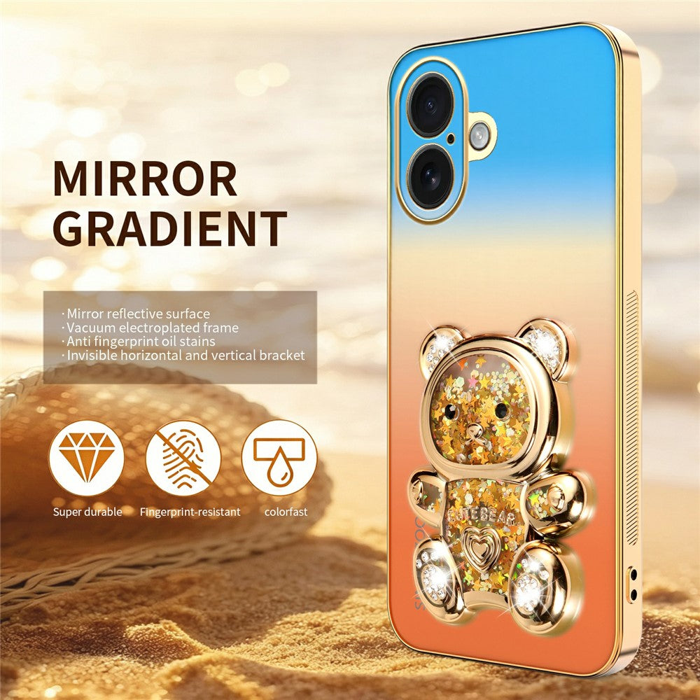 SINGIUZOO for iPhone 16 Case Glitter Bear Kickstand Electroplated Gradient Color PC + TPU Phone Cover