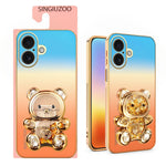 SINGIUZOO for iPhone 16 Case Glitter Bear Kickstand Electroplated Gradient Color PC + TPU Phone Cover