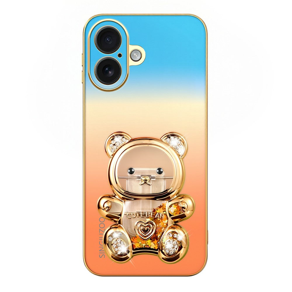 SINGIUZOO for iPhone 16 Case Glitter Bear Kickstand Electroplated Gradient Color PC + TPU Phone Cover