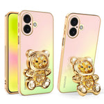SINGIUZOO for iPhone 16 Case Glitter Bear Kickstand Electroplated Gradient Color PC + TPU Phone Cover
