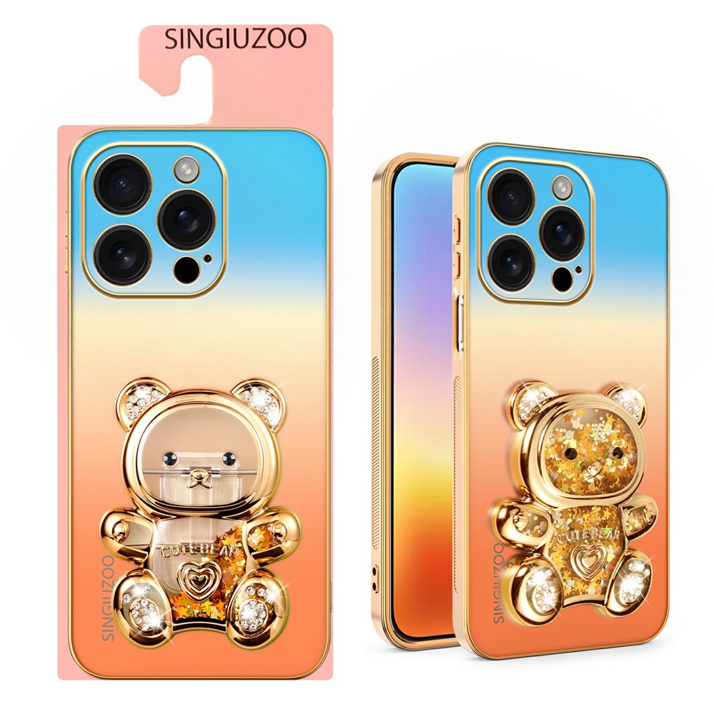 SINGIUZOO til iPhone 16 Pro Cover Glitter Bjørn Stander Elektropletteret Gradient Farve PC + TPU Telefoncover