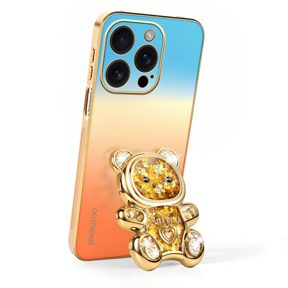 SINGIUZOO til iPhone 16 Pro Cover Glitter Bjørn Stander Elektropletteret Gradient Farve PC + TPU Telefoncover