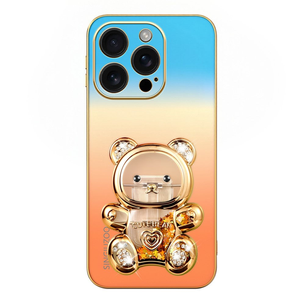 SINGIUZOO til iPhone 16 Pro Cover Glitter Bjørn Stander Elektropletteret Gradient Farve PC + TPU Telefoncover