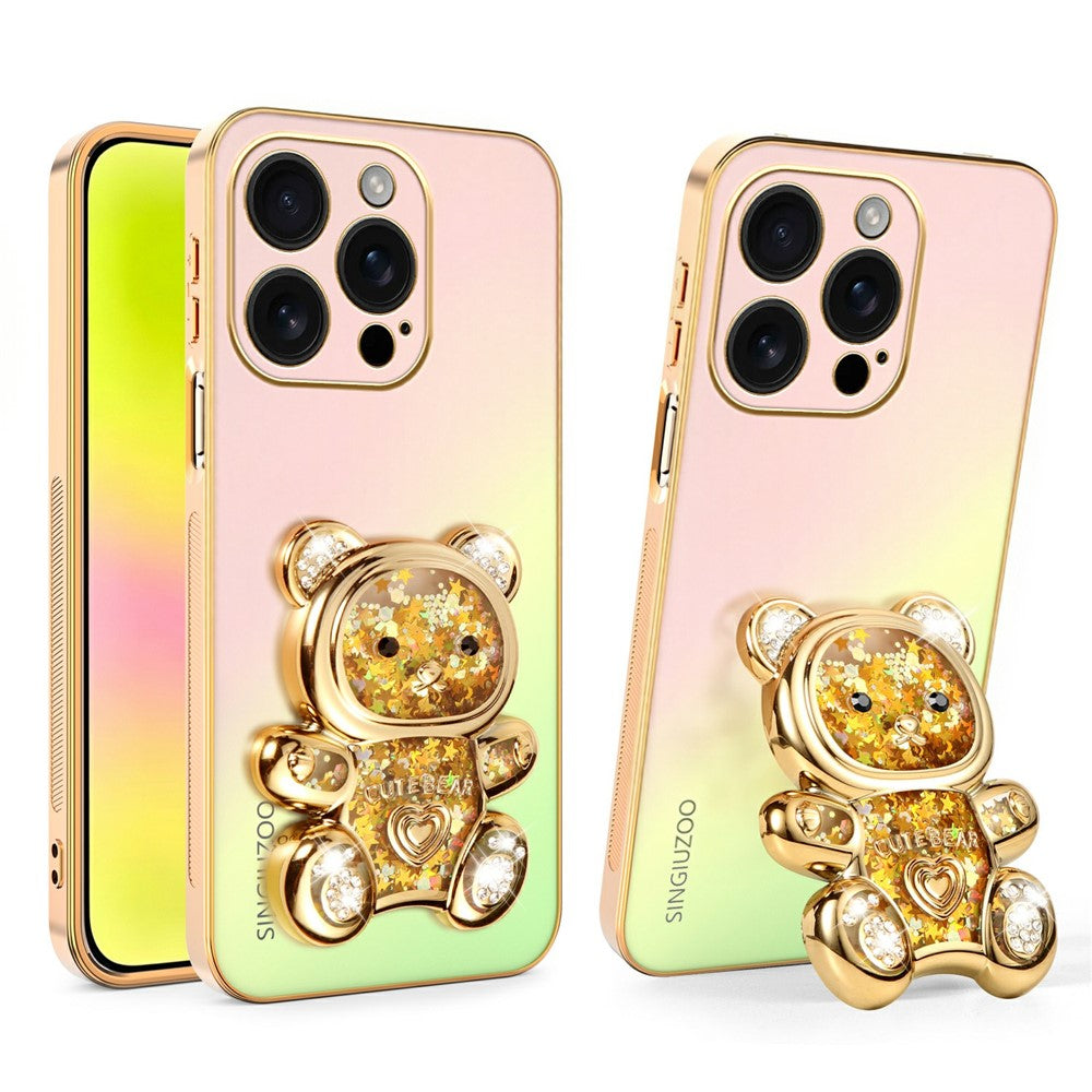 SINGIUZOO til iPhone 16 Pro Cover Glitter Bjørn Stander Elektropletteret Gradient Farve PC + TPU Telefoncover