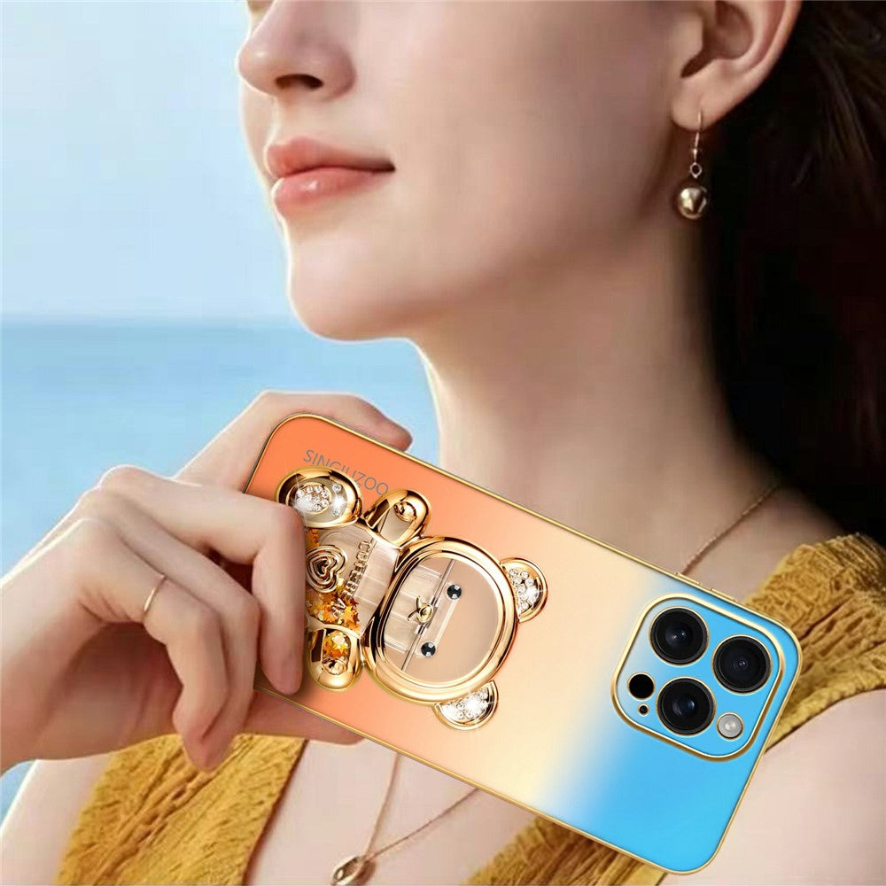 SINGIUZOO til iPhone 16 Pro Max Cover Glitrende Bjørn Kickstand Elektrobelagt Gradientfarve PC + TPU Telefoncover