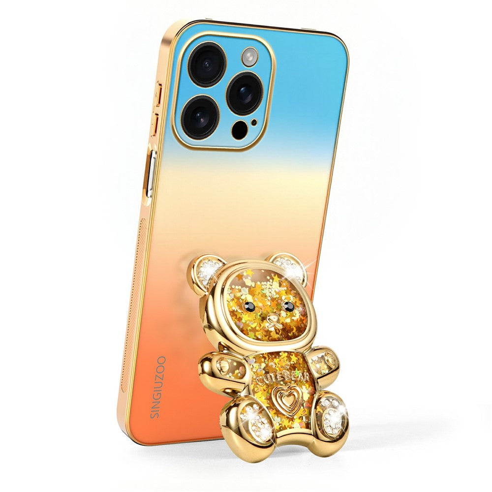 SINGIUZOO til iPhone 16 Pro Max Cover Glitrende Bjørn Kickstand Elektrobelagt Gradientfarve PC + TPU Telefoncover
