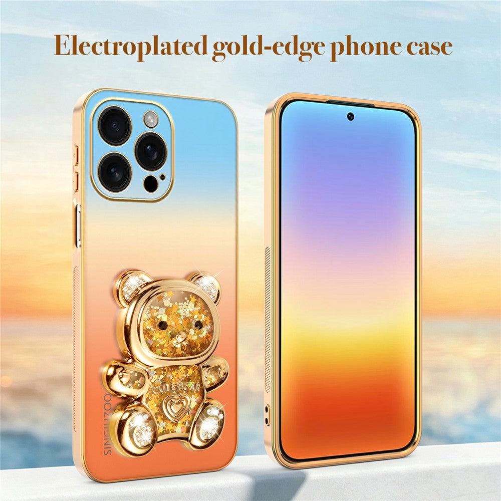 SINGIUZOO til iPhone 16 Pro Max Cover Glitrende Bjørn Kickstand Elektrobelagt Gradientfarve PC + TPU Telefoncover