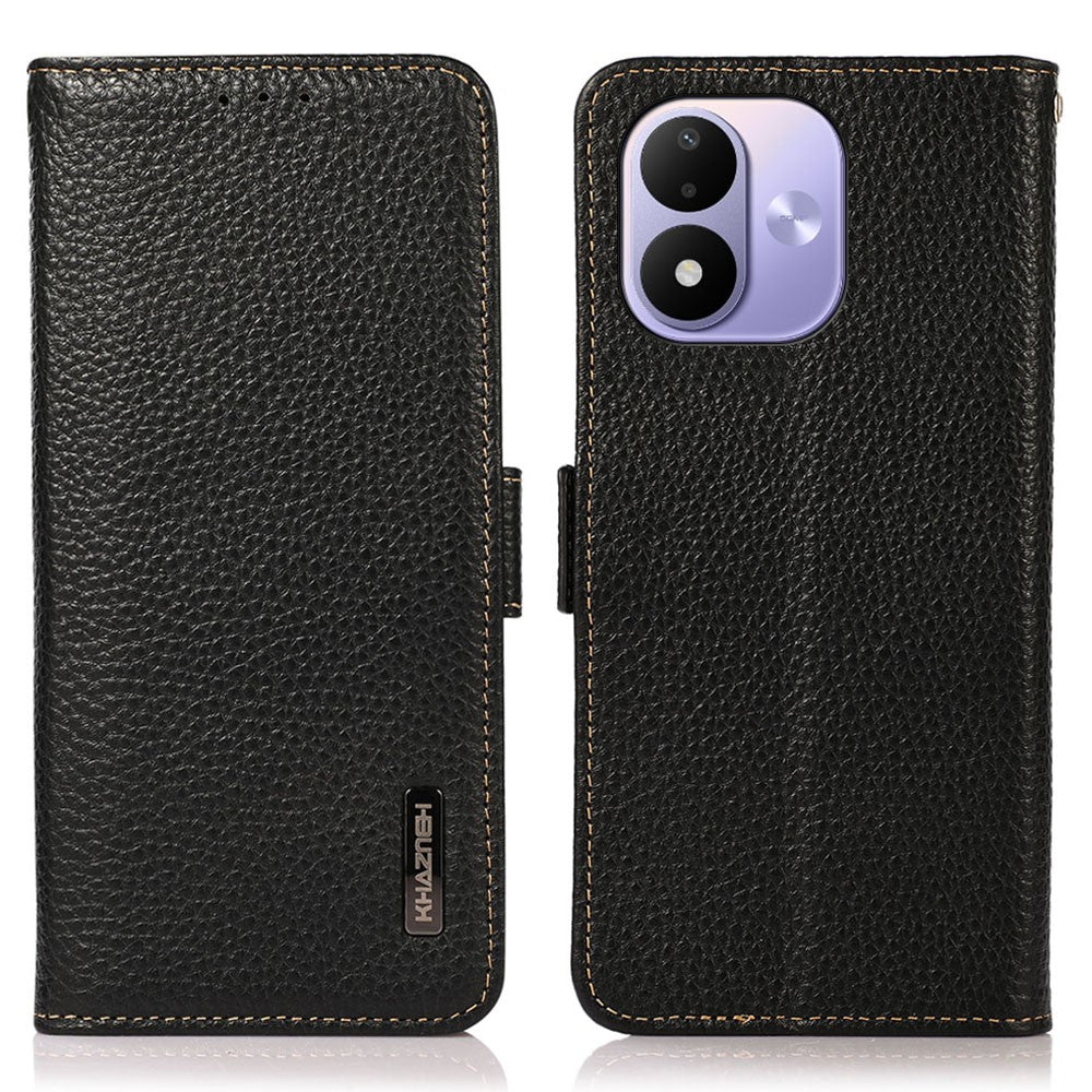 KHAZNEH for Xiaomi Redmi Note 17 4G (Global) / Note 17 5G (Global) / Note 17 (India / China) 5G Phone Case Litchi Texture Genuine Cow Leather Cover RFID Blocking
