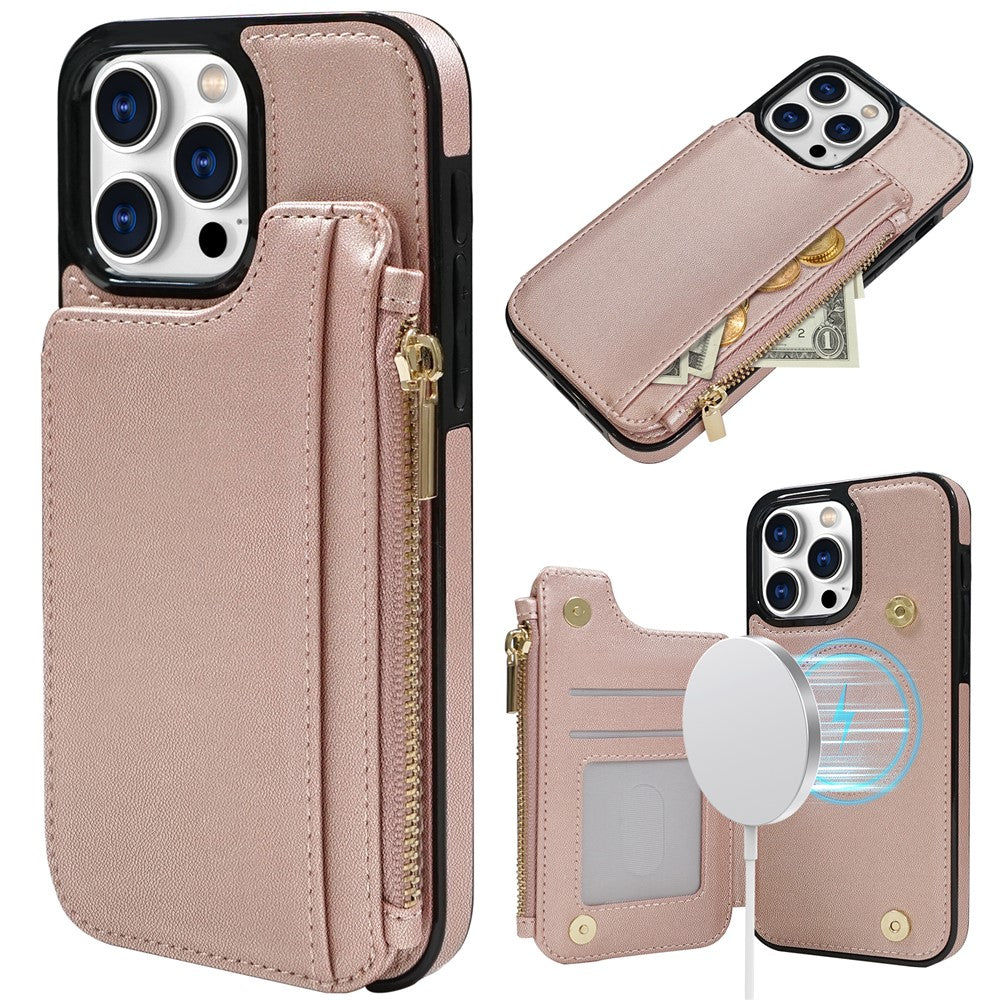 DELIDIGI WE24 for iPhone 16 Pro Magnetic Case with Card Slots Zipper Pocket Leather Phone Back Cover