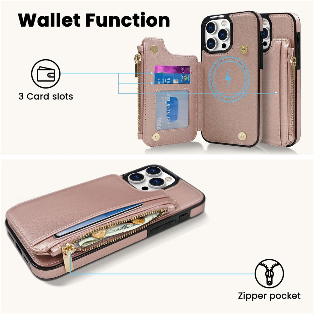 DELIDIGI WE24 for iPhone 16 Pro Magnetic Case with Card Slots Zipper Pocket Leather Phone Back Cover
