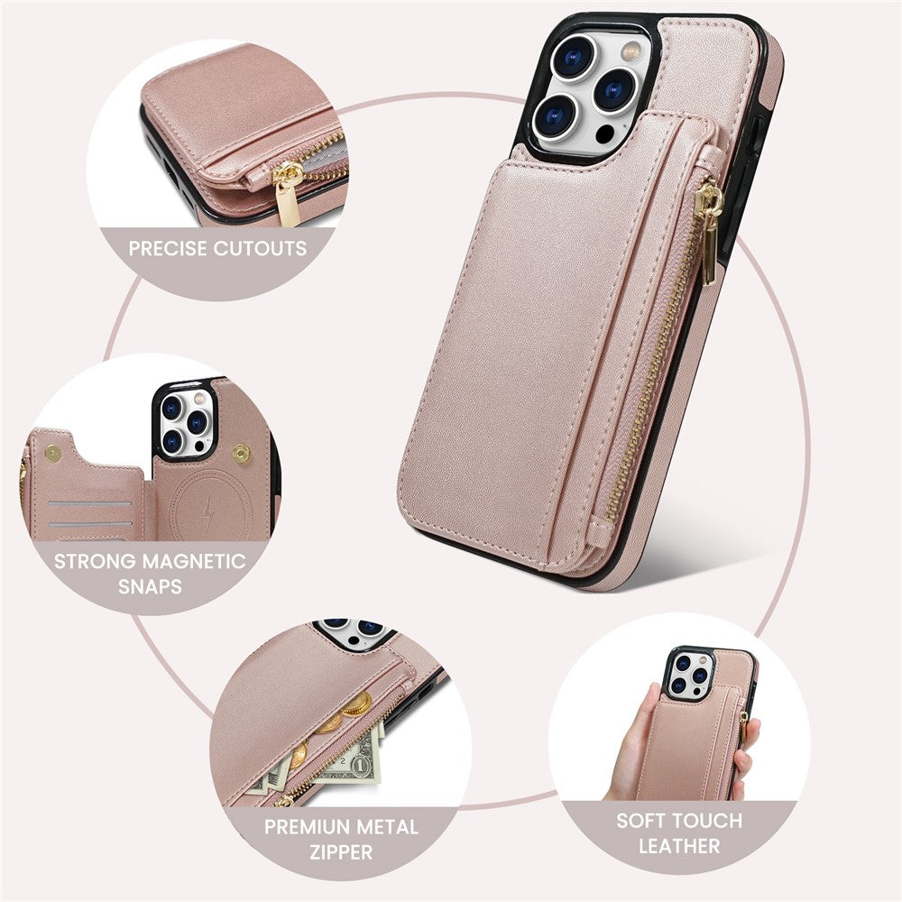 DELIDIGI WE24 for iPhone 16 Pro Magnetic Case with Card Slots Zipper Pocket Leather Phone Back Cover