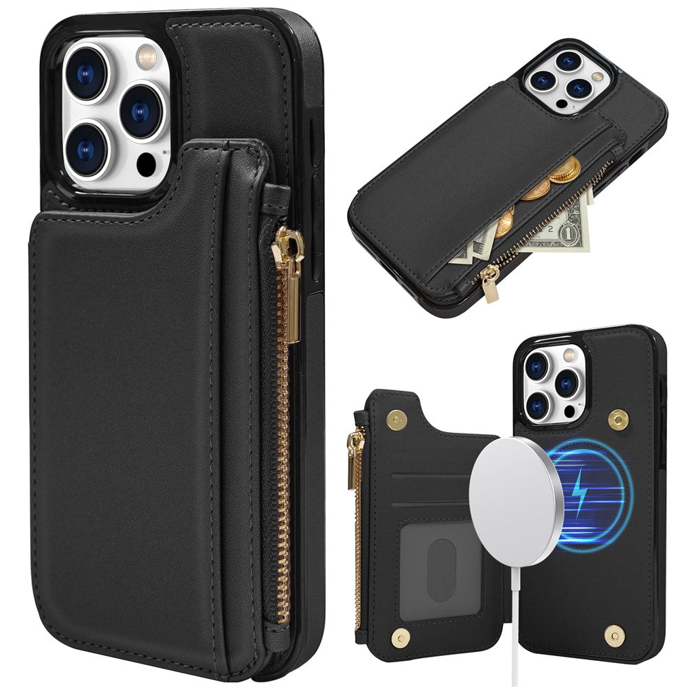 DELIDIGI WE24 for iPhone 16 Pro Magnetic Case with Card Slots Zipper Pocket Leather Phone Back Cover