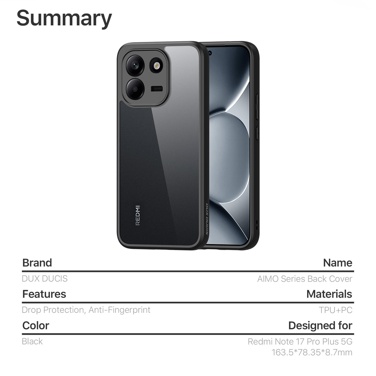 DUX DUCIS for Xiaomi Redmi Note 17 Pro Max 5G Aimo Series PC + TPU Clear Back Phone Cover (REACH Certification)