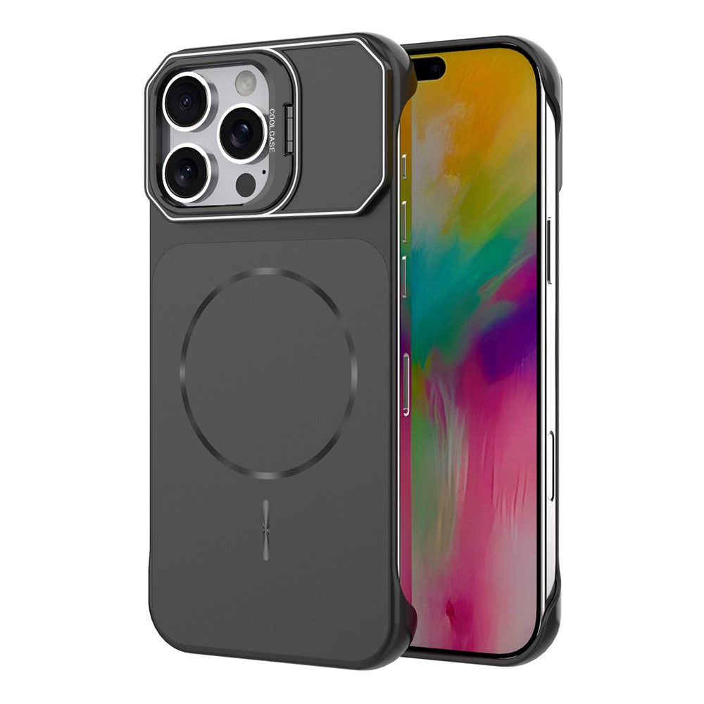 För iPhone 16 Pro Magnetiskt Fodral Linsskydd Stativ Matt PC Ramlöst Telefonfodral