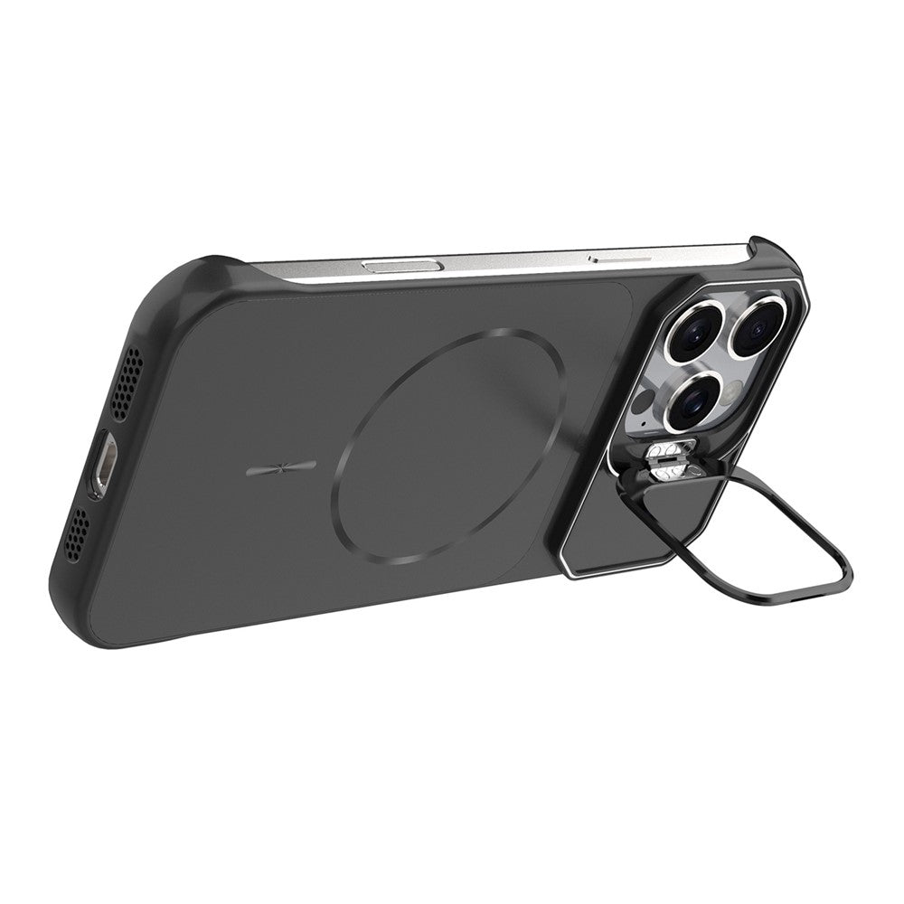 For iPhone 16 Pro Max Magnetic Case Lens Frame Kickstand Matte PC Frameless Phone Cover