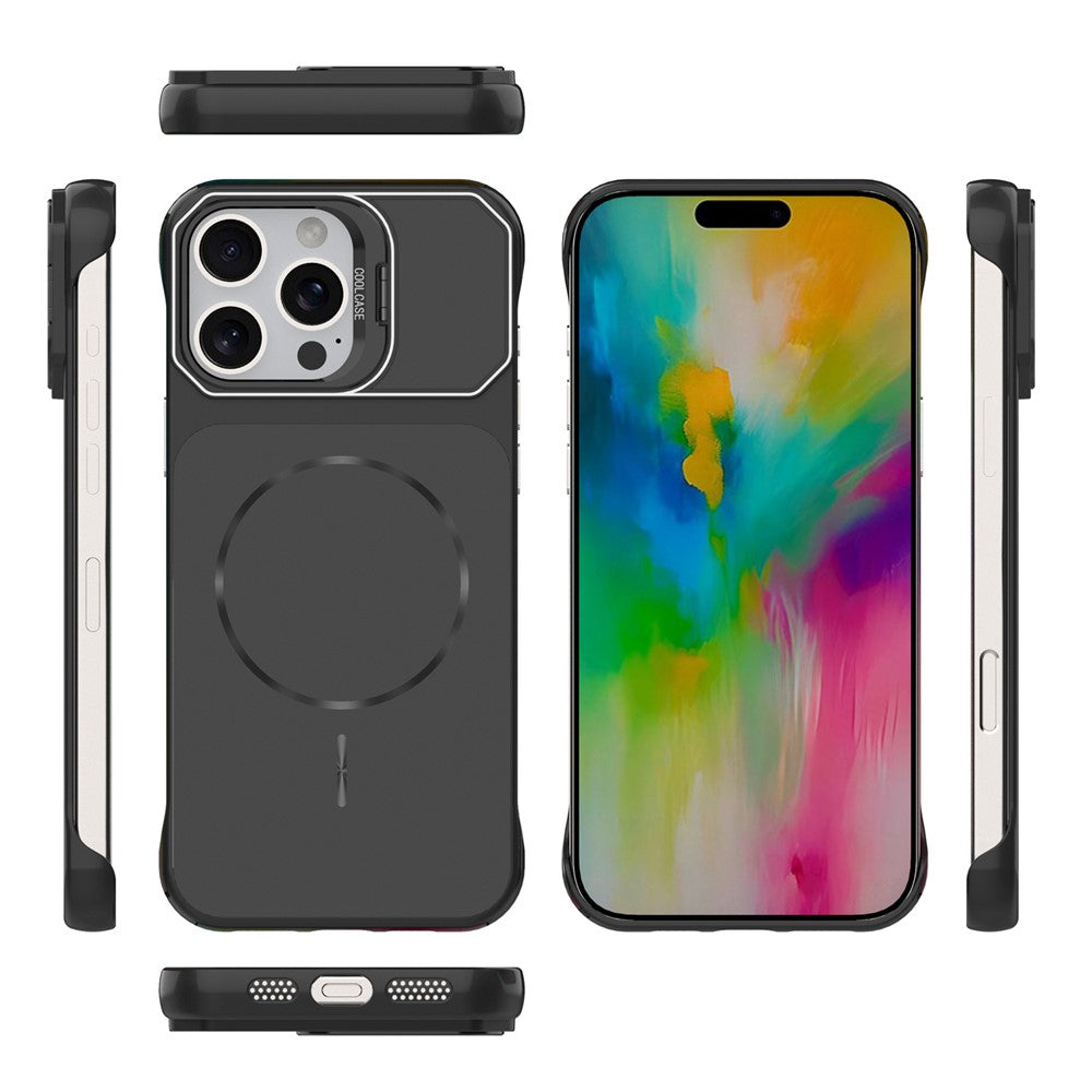 For iPhone 16 Pro Max Magnetic Case Lens Frame Kickstand Matte PC Frameless Phone Cover