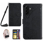 For Samsung Galaxy S25 Case Butterfly Flower Imprint Leather Phone Cover with Shoulder Strap
