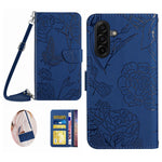 For Samsung Galaxy S25 Case Butterfly Flower Imprint Leather Phone Cover with Shoulder Strap