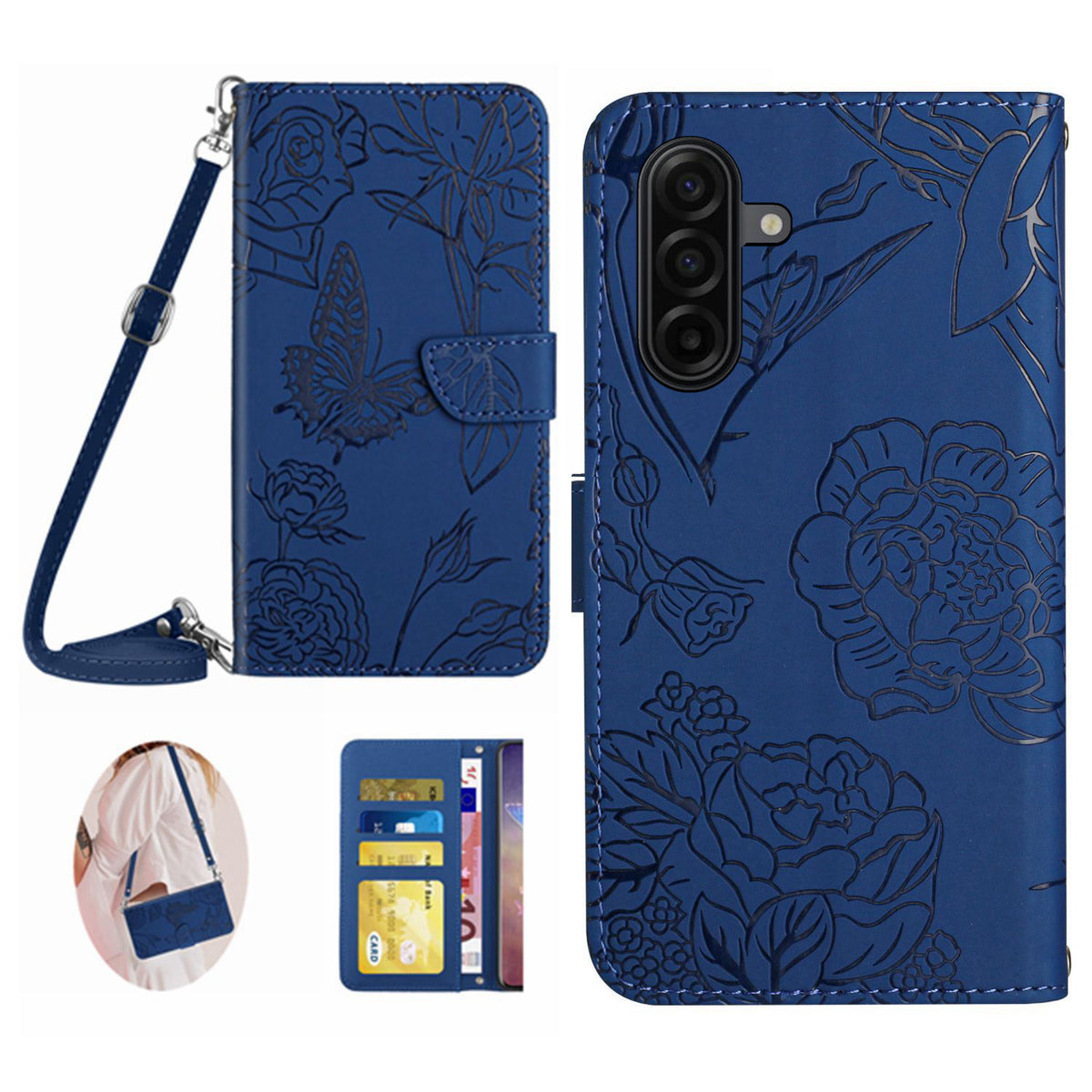 For Samsung Galaxy S25 Case Butterfly Flower Imprint Leather Phone Cover with Shoulder Strap