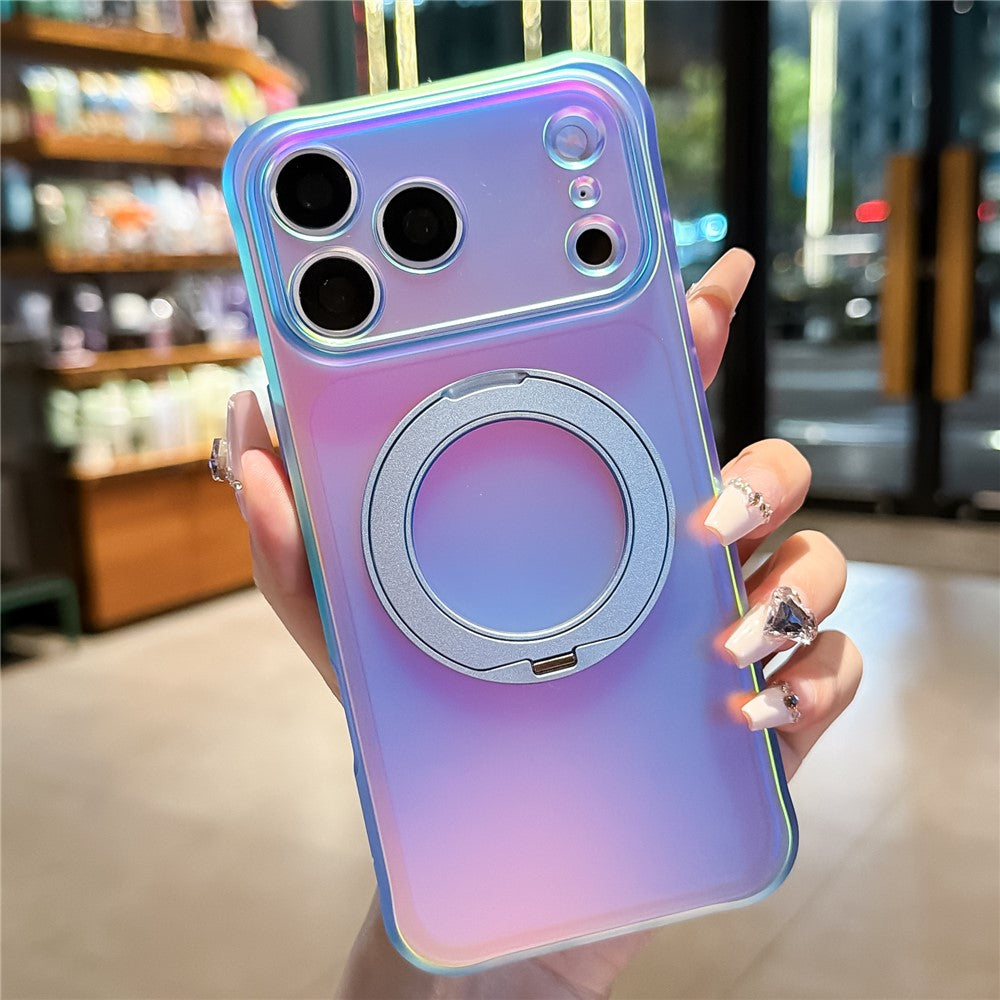 For iPhone 18 Pro / 17 Pro Case Rotating Magnetic Kickstand Iridescent PC + TPU IMD Phone Cover
