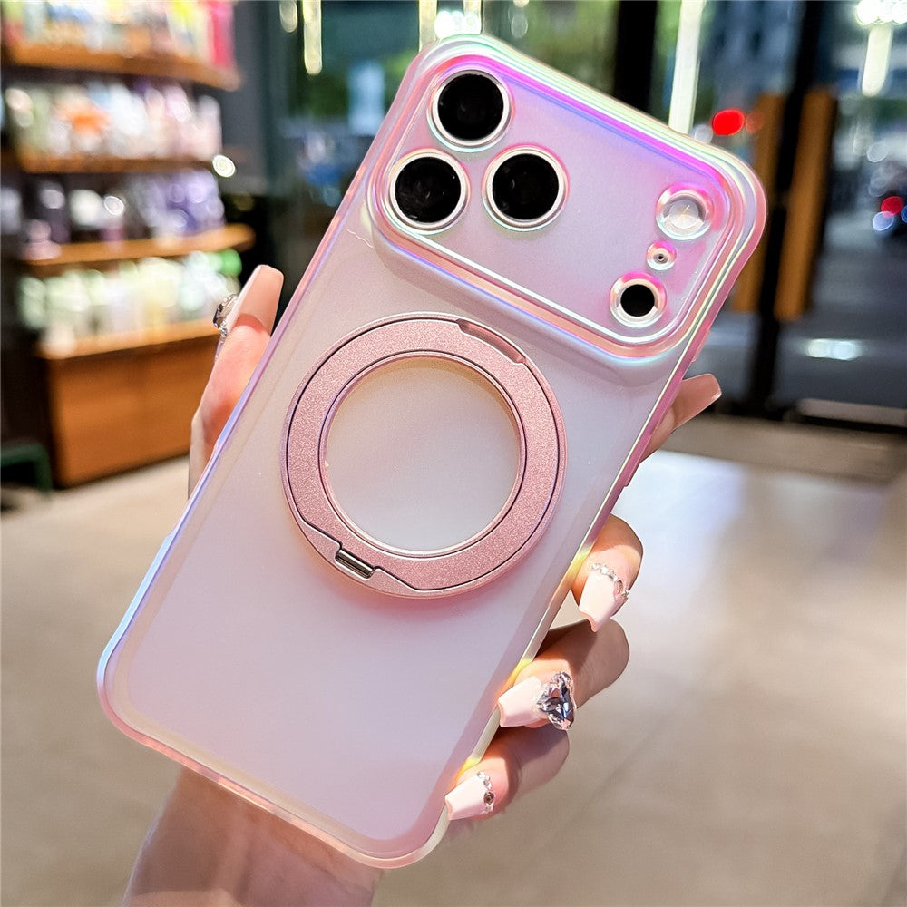 For iPhone 18 Pro / 17 Pro Case Rotating Magnetic Kickstand Iridescent PC + TPU IMD Phone Cover