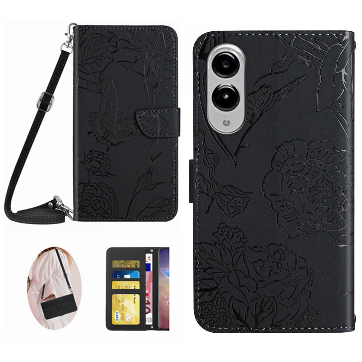 Til Samsung Galaxy S25 Edge cover med sommerfugle- og blomstermønster i læder, med skulderrem