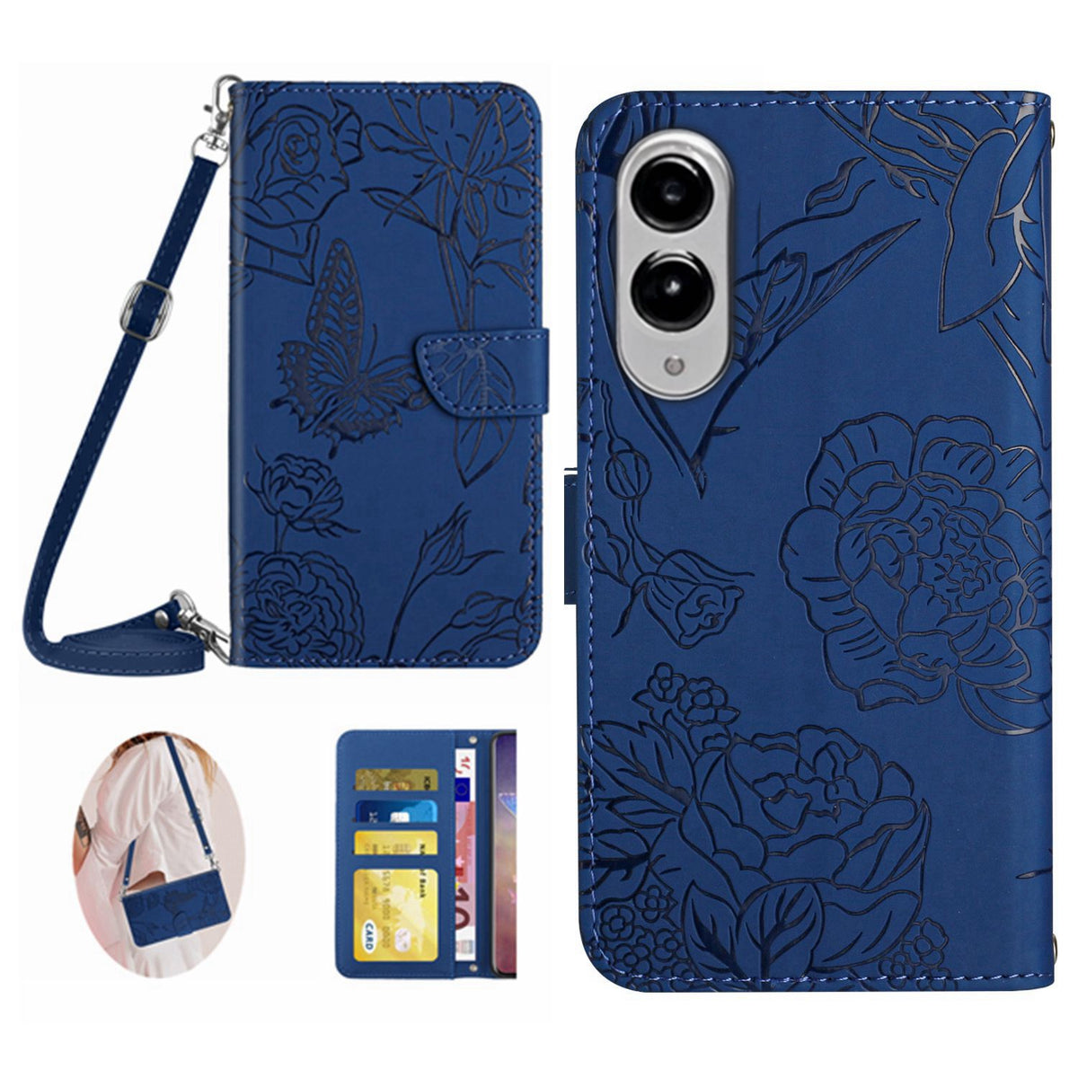 Samsung Galaxy S25 Edge-skal med fjärilsmönster och axelrem i läder med mobilklistermärke