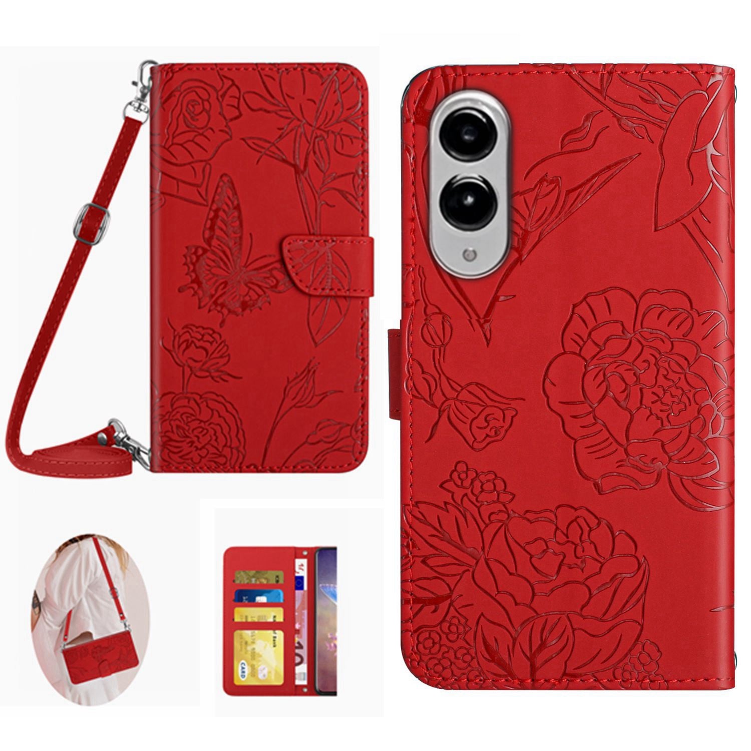 Samsung Galaxy S25 Edge-skal med fjärilsmönster och axelrem i läder med mobilklistermärke
