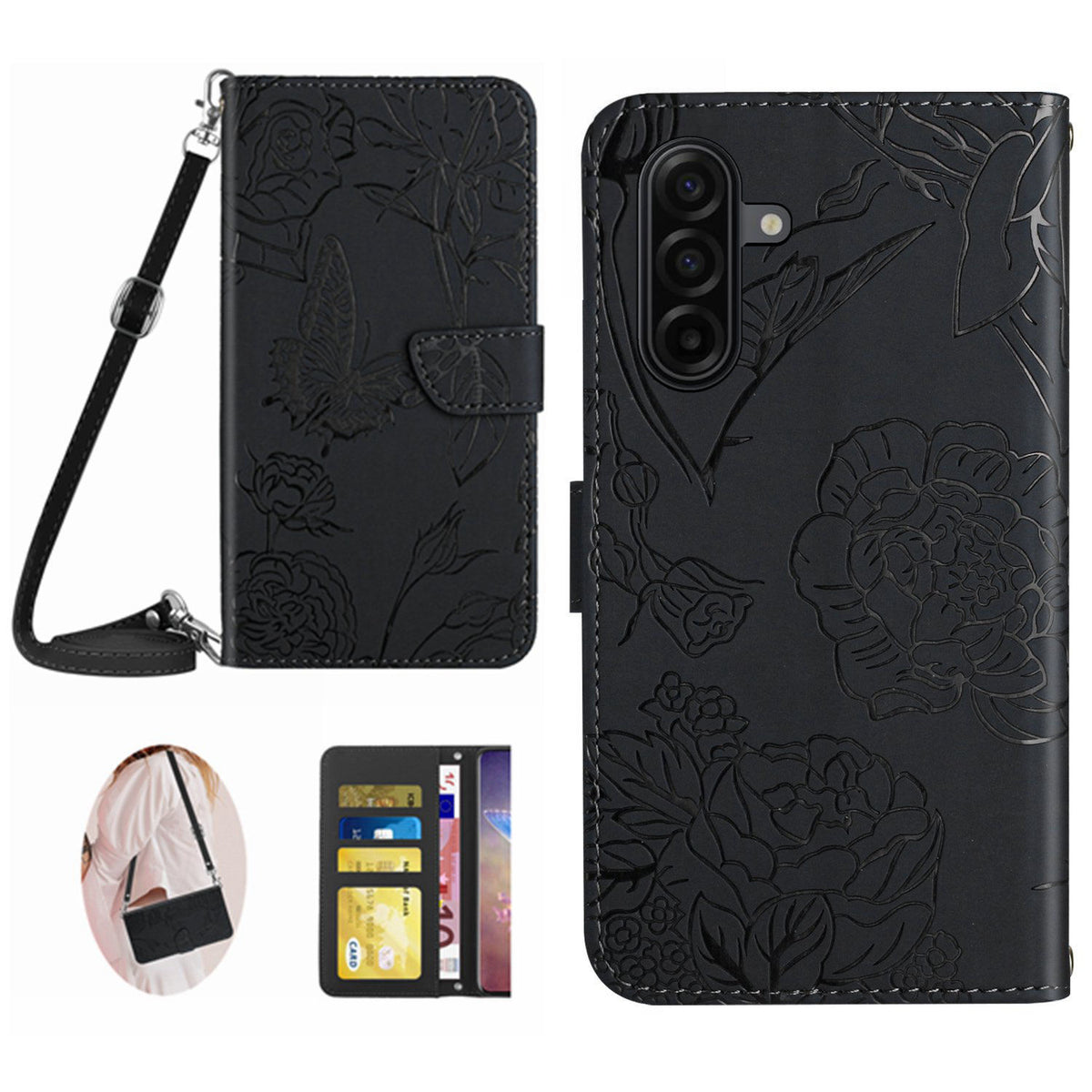 Til Samsung Galaxy S26 FE Cover Sommerfugl Blomst Trykt Læder Telefoncover med Skulderrem