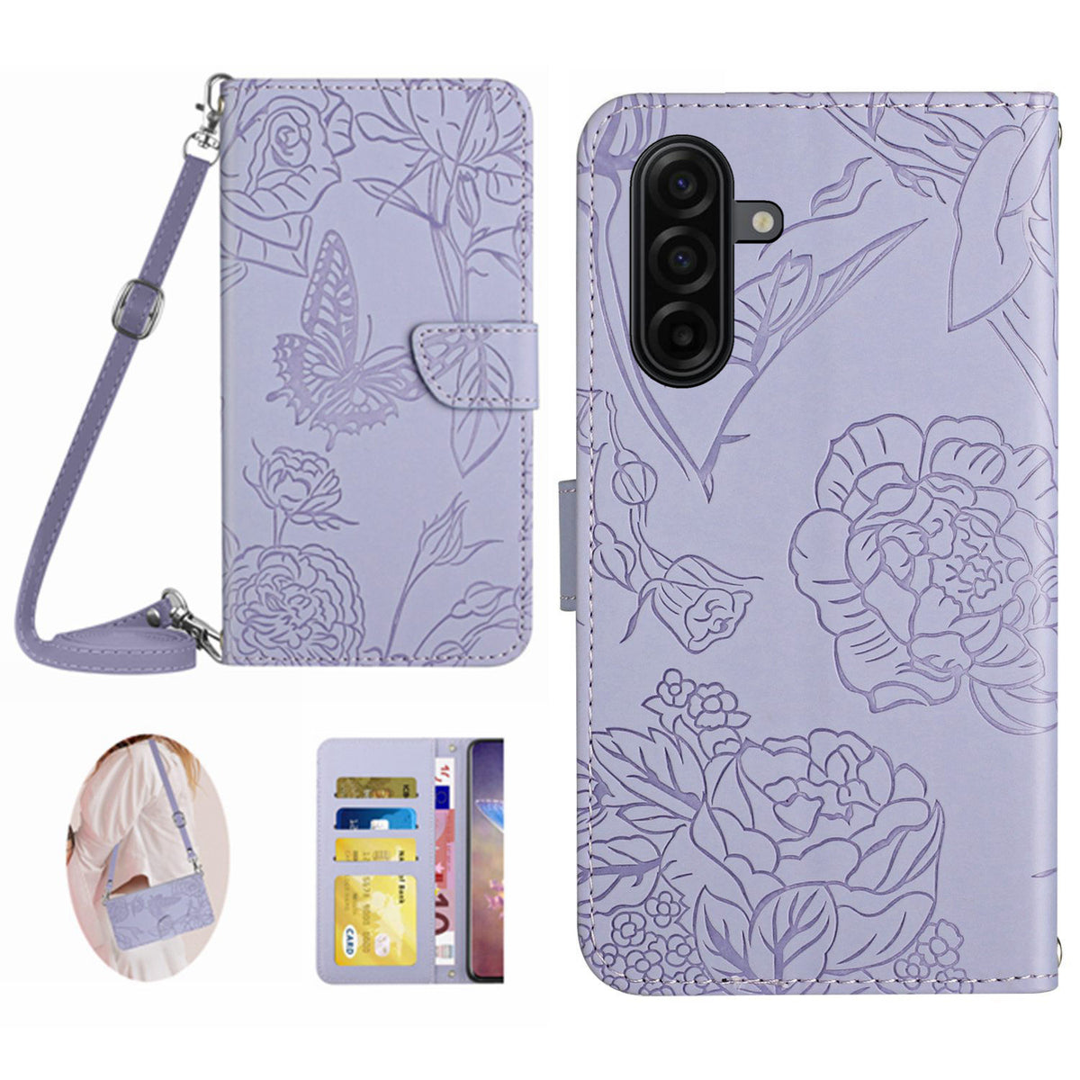 Til Samsung Galaxy S26 FE Cover Sommerfugl Blomst Trykt Læder Telefoncover med Skulderrem