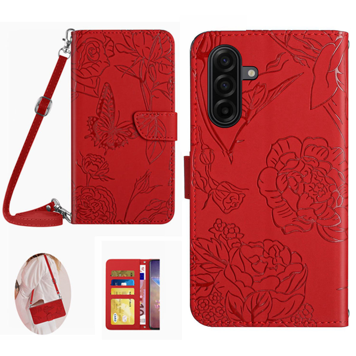 Til Samsung Galaxy S26 FE Cover Sommerfugl Blomst Trykt Læder Telefoncover med Skulderrem
