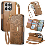 For Xiaomi 17 Max Case Floral Leaf Pattern Multi Card Slots Zipper Leather Phone Cover with Wrist Strap