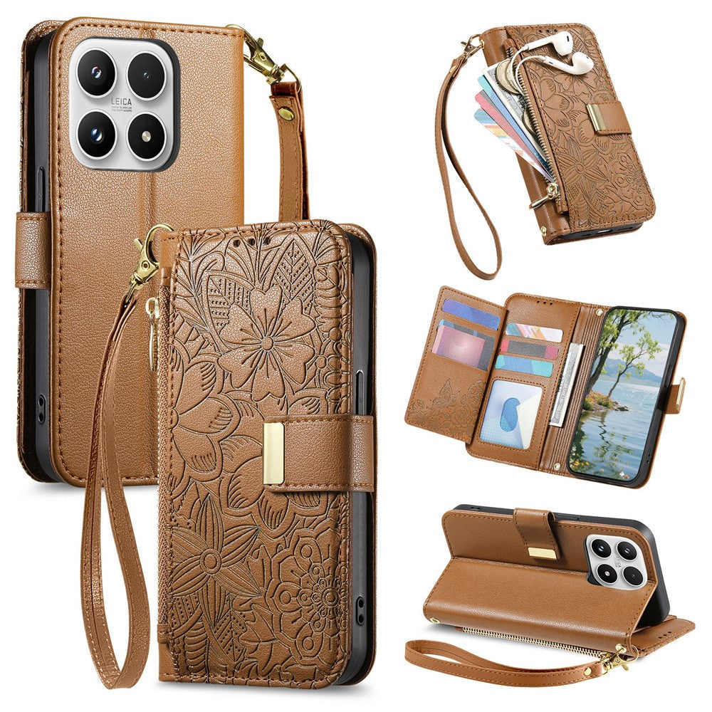 For Xiaomi 17 Max Case Floral Leaf Pattern Multi Card Slots Zipper Leather Phone Cover with Wrist Strap