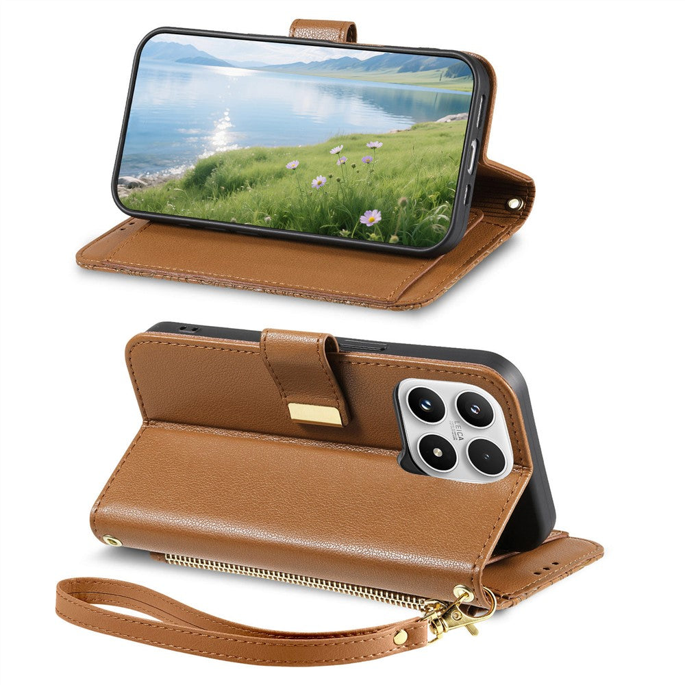 For Xiaomi 17 Max Case Floral Leaf Pattern Multi Card Slots Zipper Leather Phone Cover with Wrist Strap