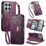 For Xiaomi 17 Max Case Floral Leaf Pattern Multi Card Slots Zipper Leather Phone Cover with Wrist Strap