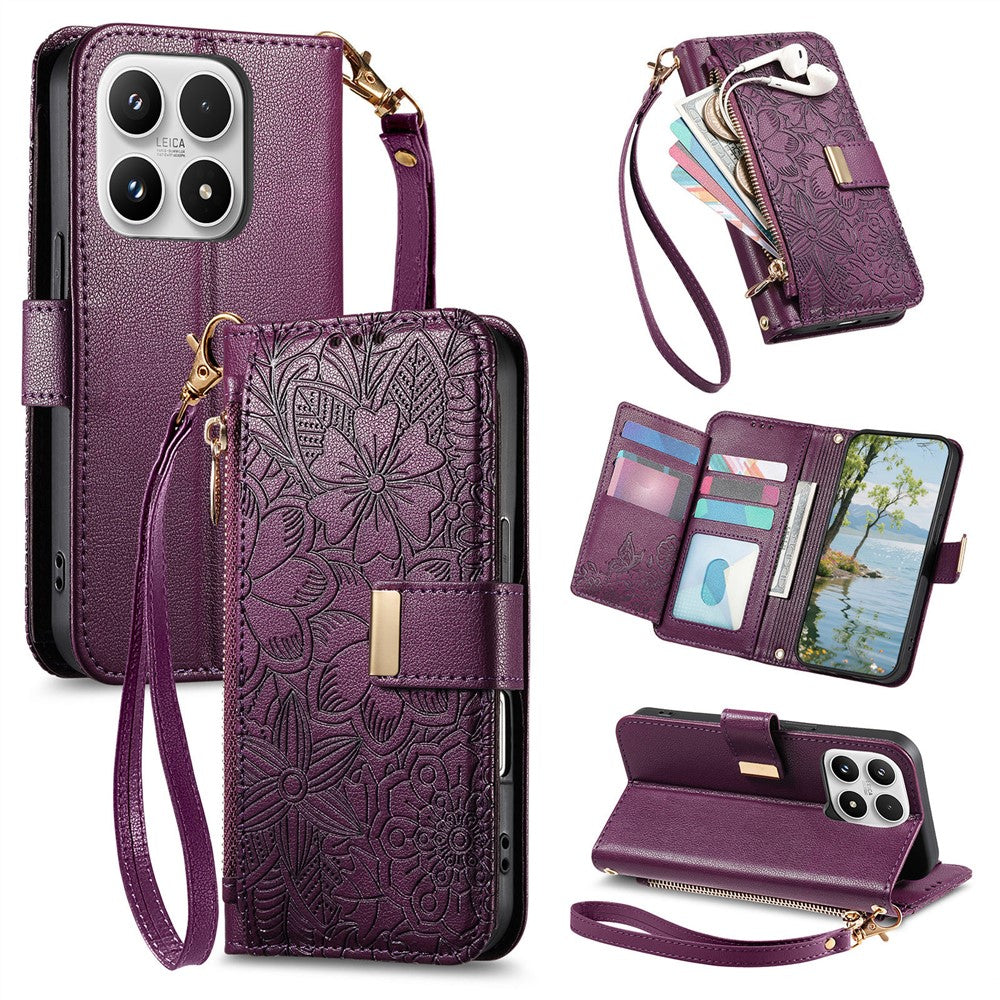 For Xiaomi 17 Max Case Floral Leaf Pattern Multi Card Slots Zipper Leather Phone Cover with Wrist Strap