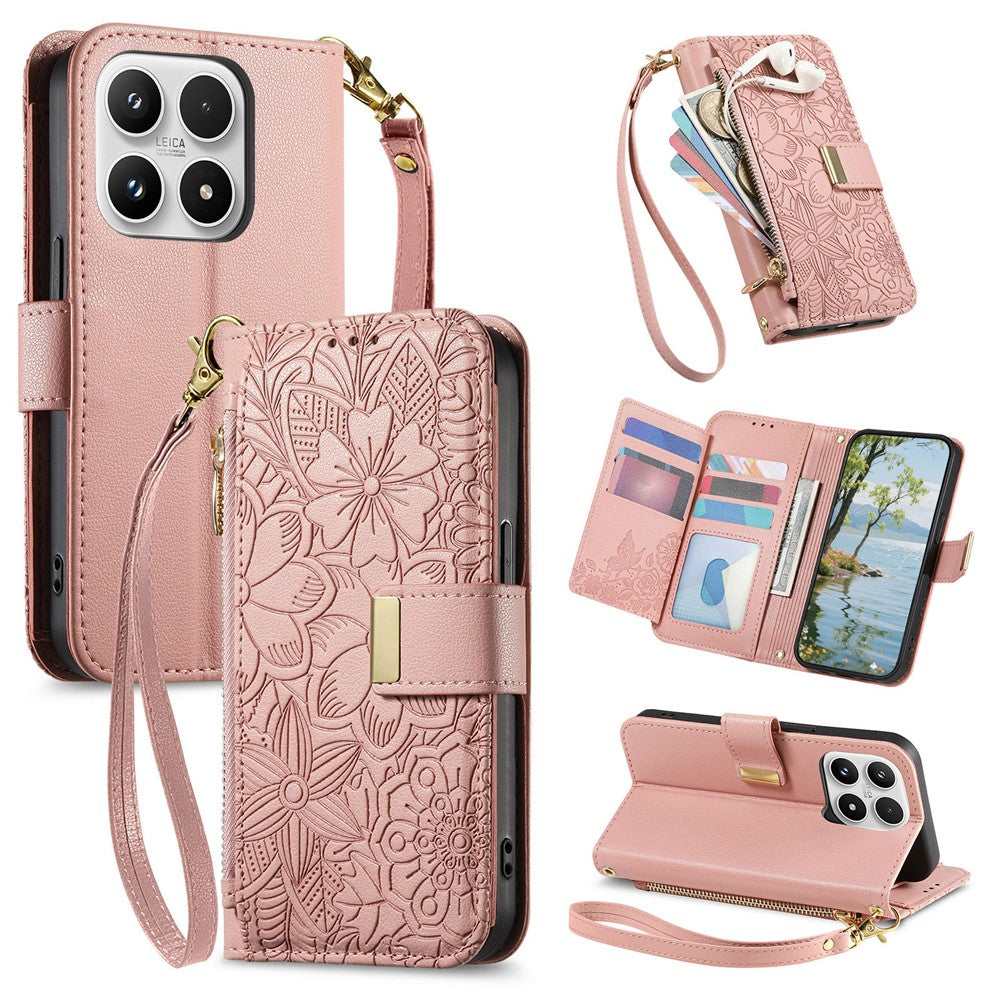For Xiaomi 17 Max Case Floral Leaf Pattern Multi Card Slots Zipper Leather Phone Cover with Wrist Strap