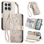 For Xiaomi 17 Max Case Floral Leaf Pattern Multi Card Slots Zipper Leather Phone Cover with Wrist Strap
