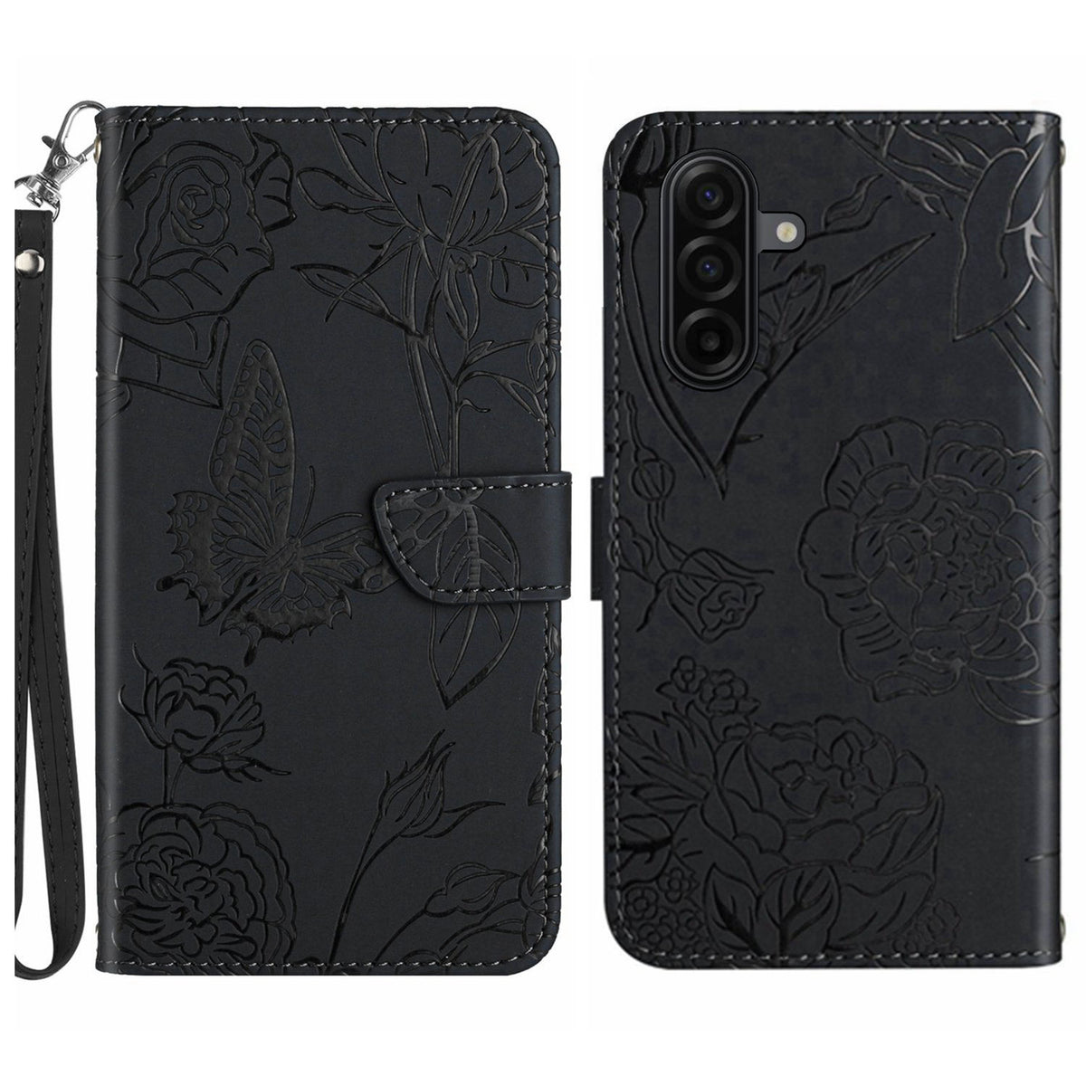 Til Samsung Galaxy S26 FE Cover med Håndledsrem Sommerfugleblomst Præget Læder Telefoncover