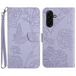 Til Samsung Galaxy S26 FE Cover med Håndledsrem Sommerfugleblomst Præget Læder Telefoncover
