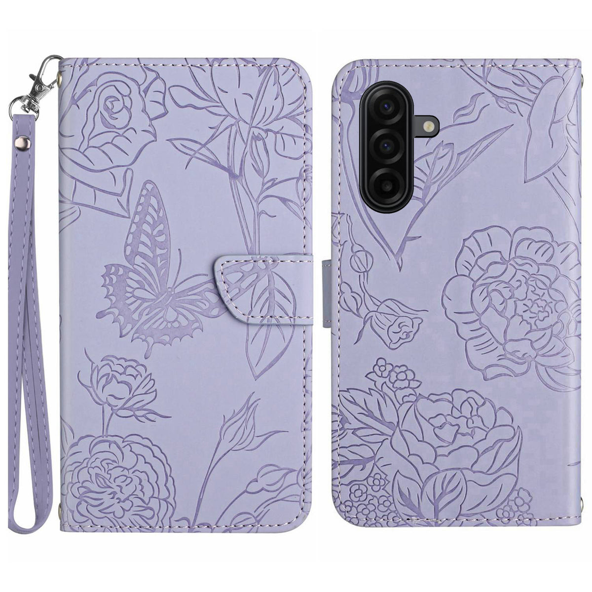 Til Samsung Galaxy S26 FE Cover med Håndledsrem Sommerfugleblomst Præget Læder Telefoncover